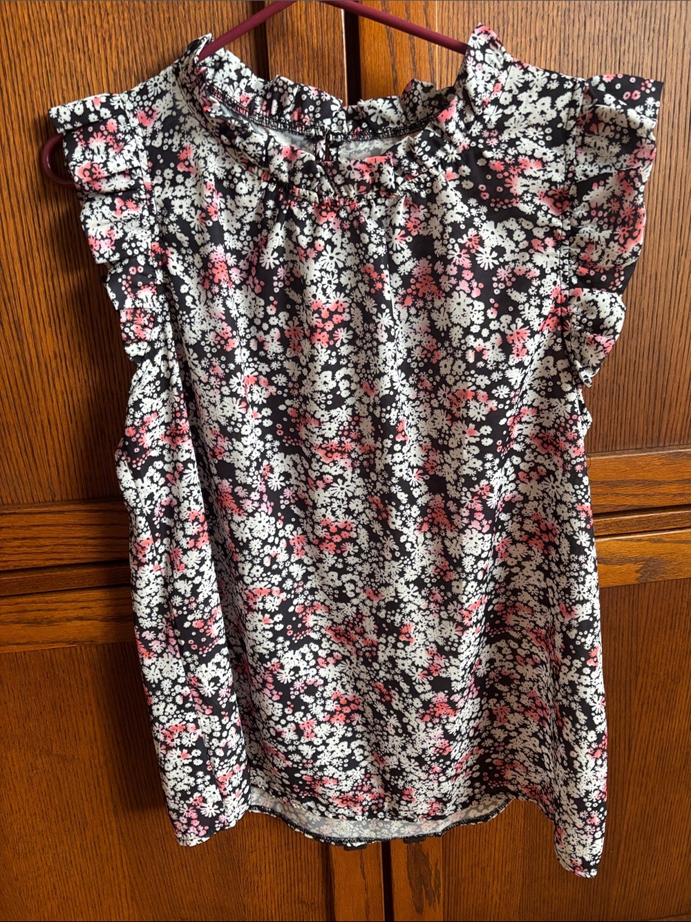 Black Floral Ruffle Sleeve Blouse with Pink & White Flowers
